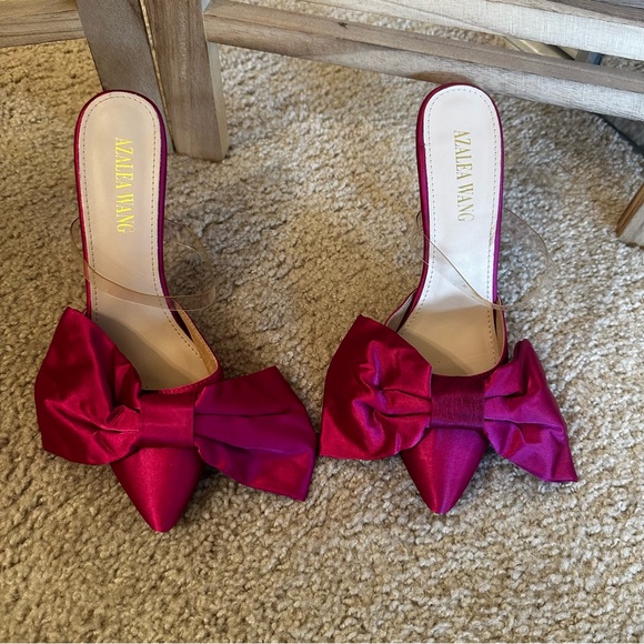 Azalea Wang Satin Pink Front Bow Backless Heels - Picture 2 of 8